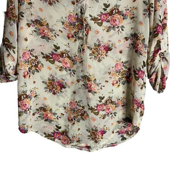Ya Los Angeles Women's Floral 3/4 Rolled Up Sleeve Silk Top - Picture 3 of 8